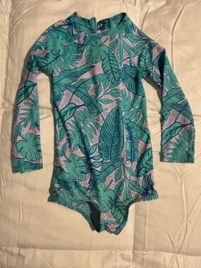 Cat & Jack Girls Teal and Light Pink Palm Leaf One-Piece Swimsuit